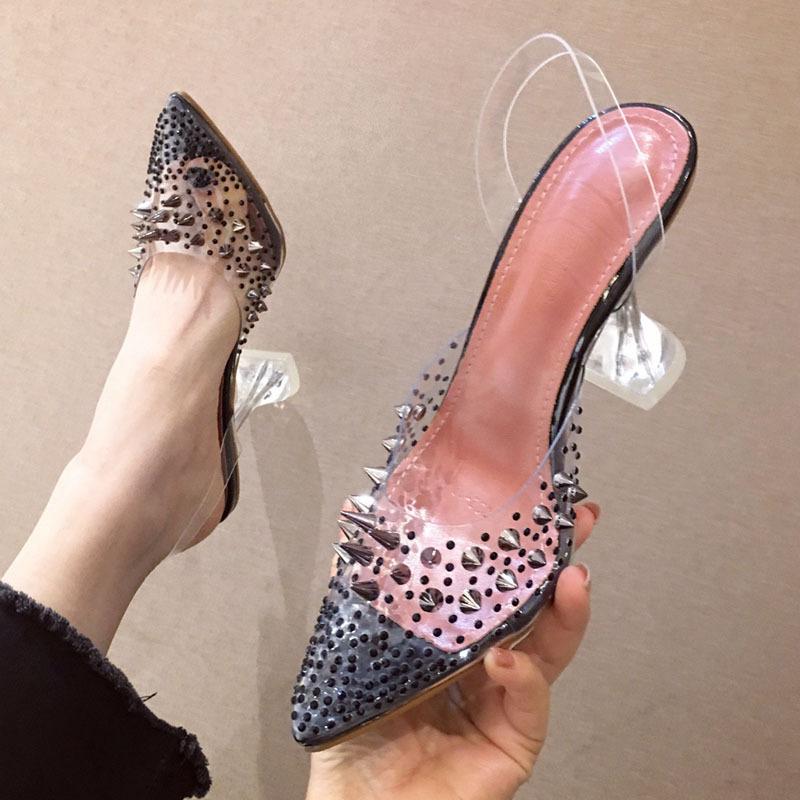New Gold Silver PVC Transparent Rivet Diamond Pumps Sandals Perspex Heel Pointed Toe Crystal Silver Wedding Pumps Uik98