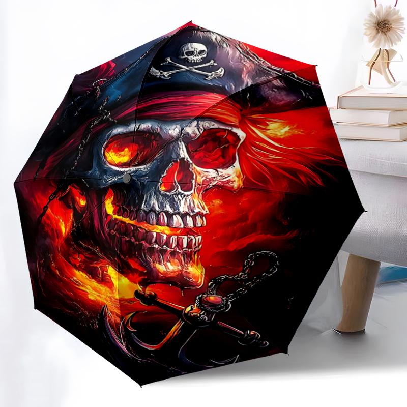 1pc A Fiery Pirate's Curse Fully Automatic Folding Portable Umbrella, 8 Iron Frames, Three-Fold Design, Suitable for All Seasons, Suitable for Ou