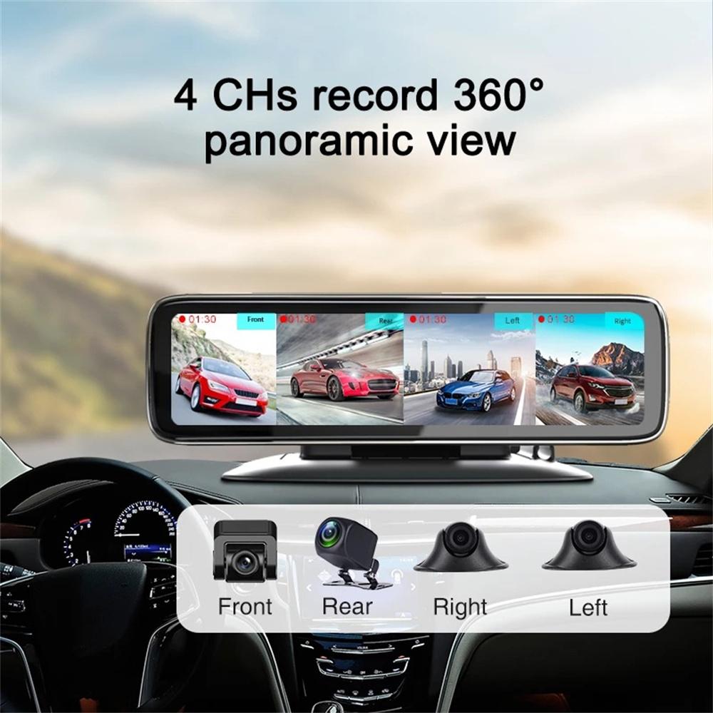 Панорамная приборная панель автомобиля DVR с обзором 360°, 12-дюймовым сенсорным экраном, 4-канальный FHD 1080P IPS-видеорегистратор, дисплей с 4 раздельными экранами