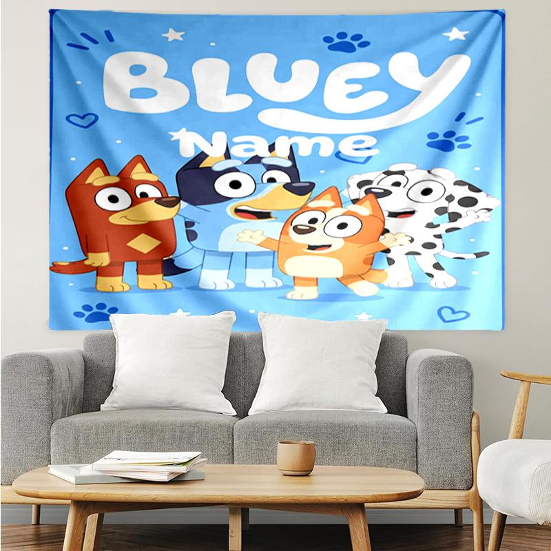 Custom Name Bluey Print Tapestry, Backdrop, Easy Setup, Ideal for Bedroom, Office & Living Room, with Aesthetic Wall Hanging Decor.