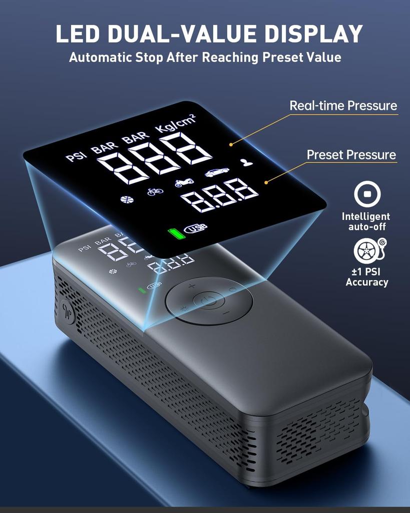 Tire Inflator Portable Air Compressor Faster Inflation 150PSI & 20000mAh Cordless Portable Air Pump, Accurate Pressure LCD Display & Emergency Light