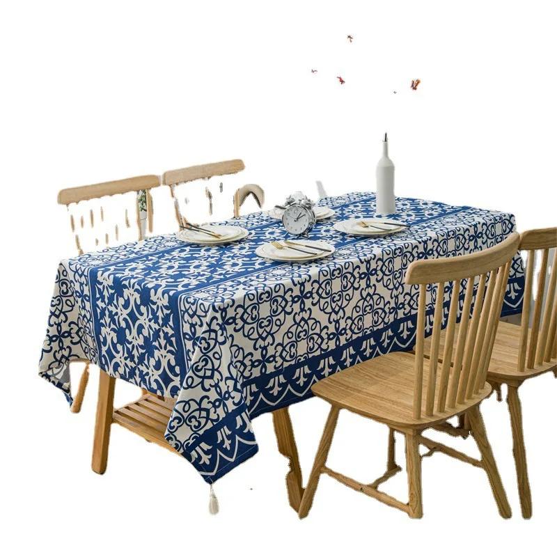 Blue and White Porcelain Patterned Rectangular Tablecloth Chinese Style Floral Table Cover Cotton Dustproof Tabletop Cover