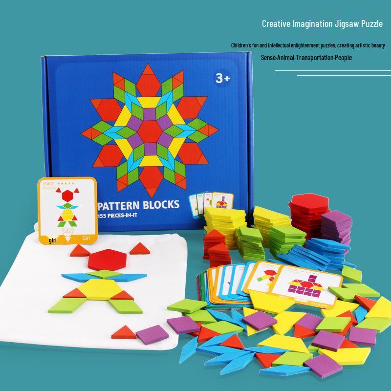 155-Piece Wooden Tangram Puzzle: 3D Geometric Shapes for Early Education and Creativity