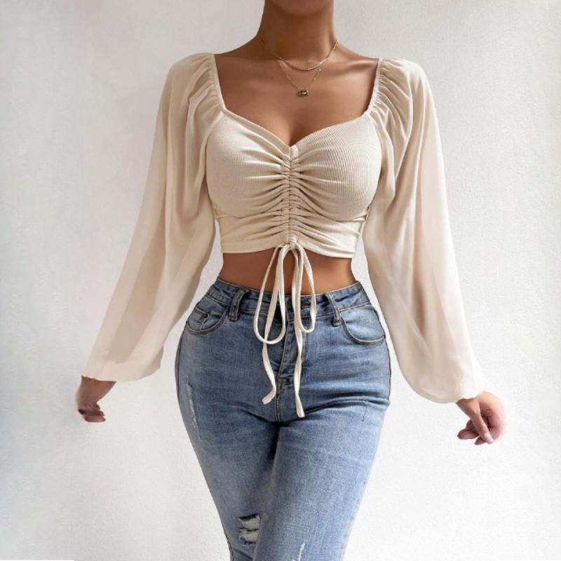 Summer V-neck Chiffon Drawstring Lantern Sleeve Tight Fashion Sexy Shirt Short Top