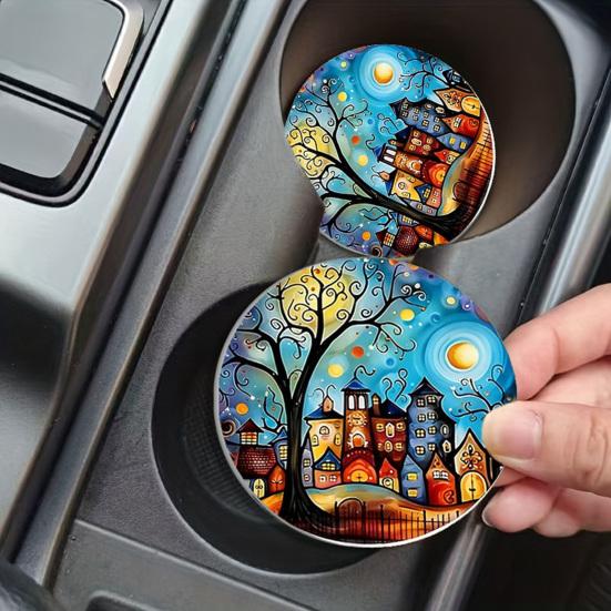jijijing 2PCS Car Coasters, Oil Painting Print, Decorative Non-Slip Thermal Pads, Stain-Resistant Easy to Clean Cup Holders, for Home Kitchen