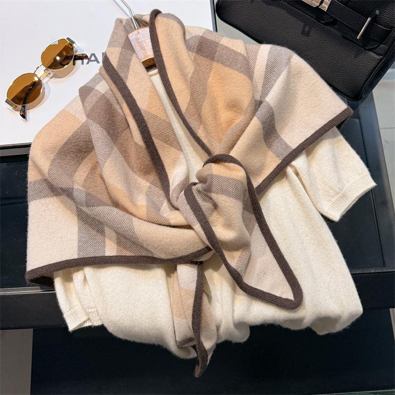 Handmade Hemming Grid 100 Wool Scarf Women's Winter Triangle Scarf Style Shawl Warm Scarf Dual-purpose