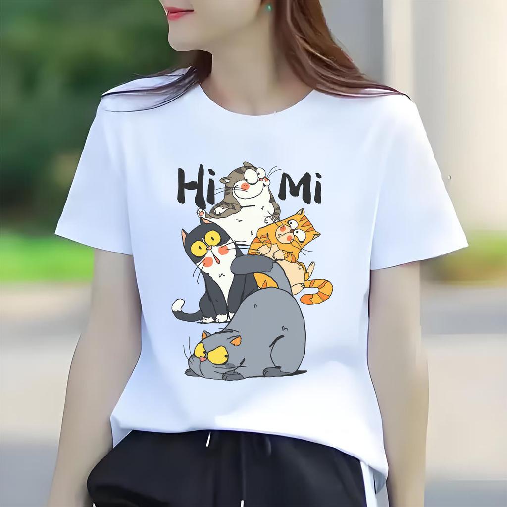 Милый кот HIMI мультяшный принт модная короткая футболка с круглым вырезом для повседневного использования универсальная женская футболка подходит для всех сезонов