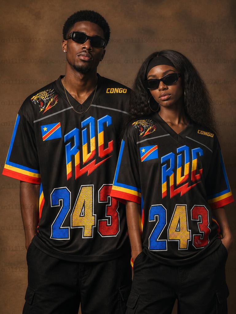Men's and Women's Loose Fit Sweatshirt Street Style T-Shirt Summer Democratic Republic of Congo Printed V-Neck Short Sleeve Top