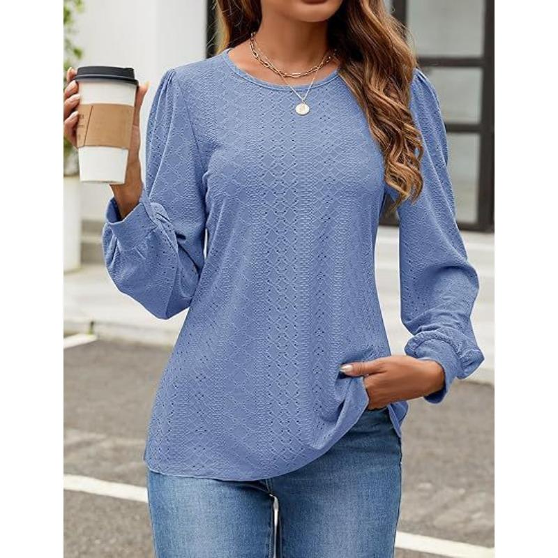 Женские модные повседневные весенне-осенние однотонные блузки и рубашки с круглым вырезом с длинными рукавами и принтом