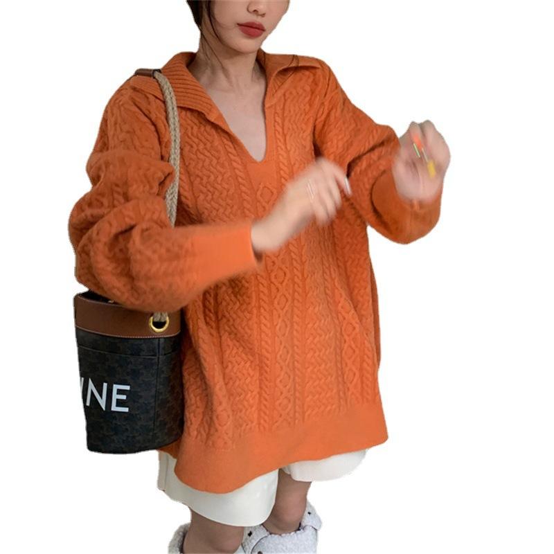 Свитер с V-образным вырезом средней длины с косами женский однотонный свободный женский вязаный свитер большого размера