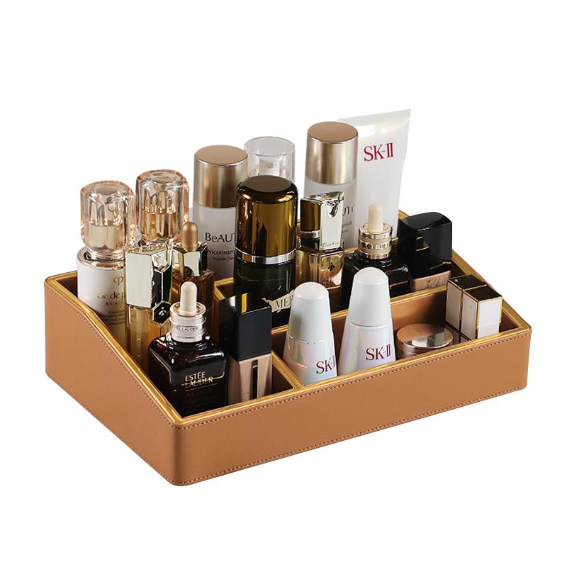 Makeup Storage Basket Bins with Dividers for Women Cosmetics Display Case Leather Skincare Multifunctional Desktop Organizers