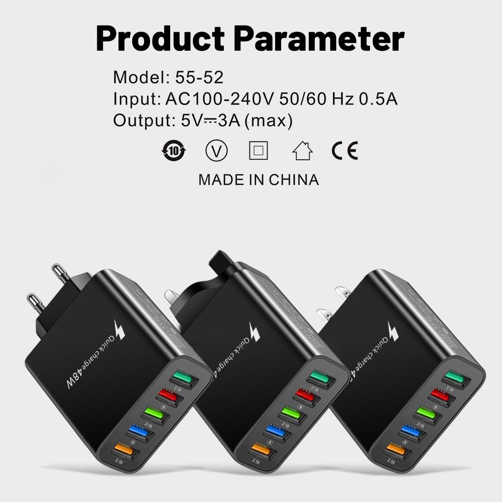 48W Multi-port USB Charger Quick Charge 3.0 Adapter Fast Charging Wall Charger For iPhone 17 Xiaomi Huawei Samsung Mobile Phone