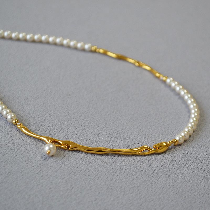 Vintage French Brass & Gold-Plated Pearl Branch Necklace for Women
