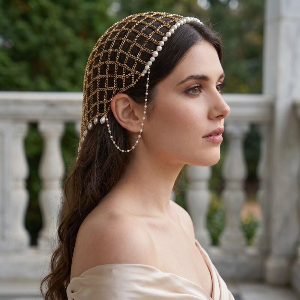 Draped Chain Beaded Tassel Hair Net Handmade Mesh Headpiece Trendy Pearl Hair Chain  Wedding