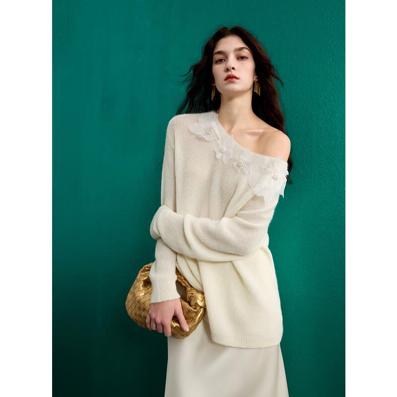 Sancai 2025 Spring 3D Floral Merino Wool Knit Two-Way Off-Shoulder Sweater