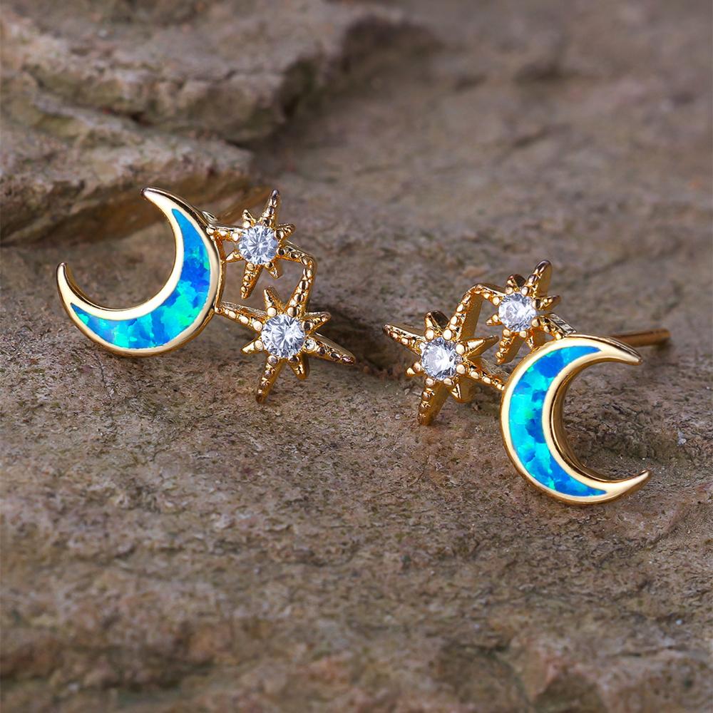 Moon Gold Color Opal Star Stud Earring Delicate Cubic Zirconia Minimalist Earrings For Women Jewelry