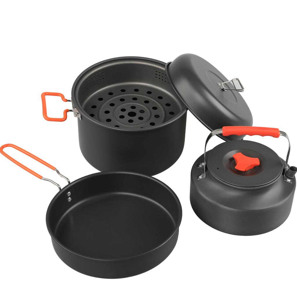 Oem Portable Outdoor Aluminum Alloy Cookware Set 1.6l Binaural Steamer Kettle And Large Frying Pan For Camping For Campers Hiker