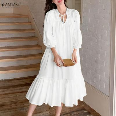 Женское повседневное платье с V-образным вырезом, однотонное, свободного кроя, с рукавами 3/4