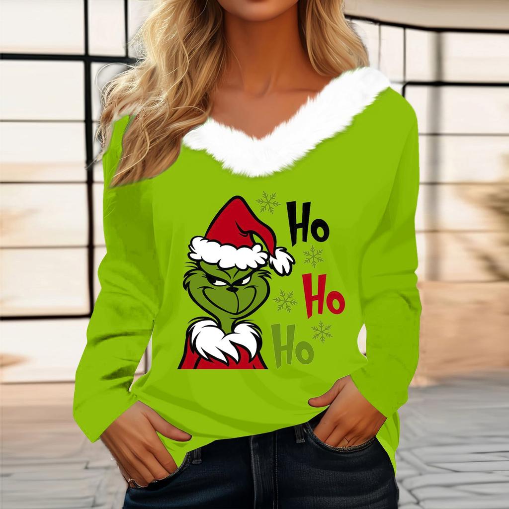 Women's T Shirt Tee Christmas Shirt Long Sleeve Party Christmas Fleece Collar V Neck Top