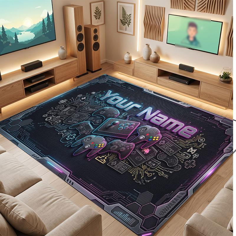 City Cyberpunk Theme Crystal Velvet Floor Rug Personalized Custom Name Text Warm Carpet Home Decoration