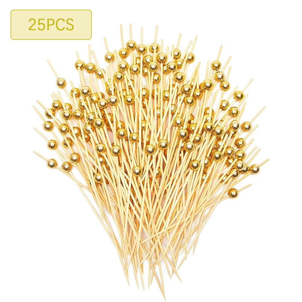 100/25Pcs Gold Pearl Cocktail Picks Food Fruit Picks Wedding Party Disposable Cake Dessert Cocktail Sticks Buffet Toothpick