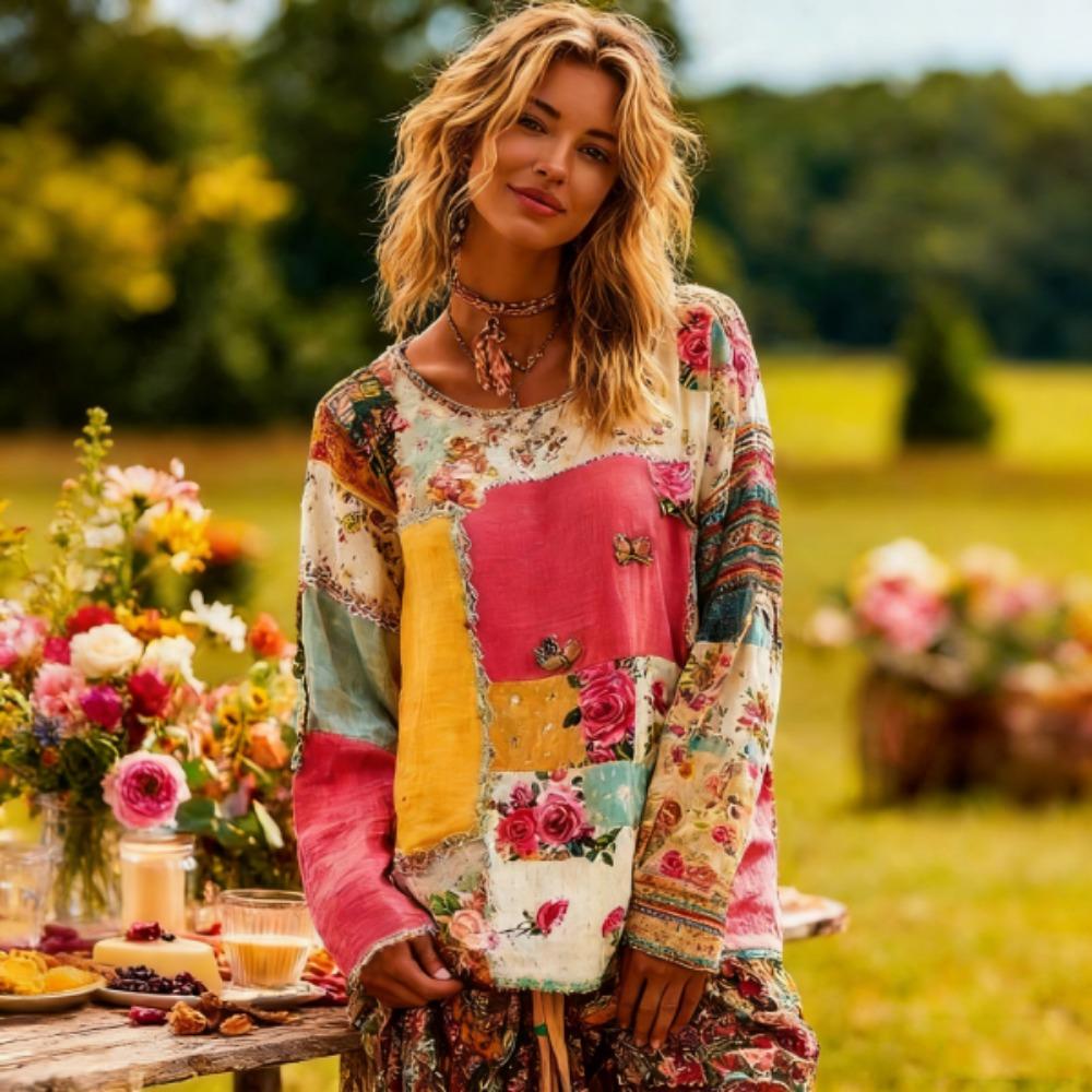 Модная женская футболка в богемном стиле, с цветными вставками, пуловер, одежда для Европы и Америки, женская, с длинным рукавом, для активного отдыха, повседневные футболки, топ