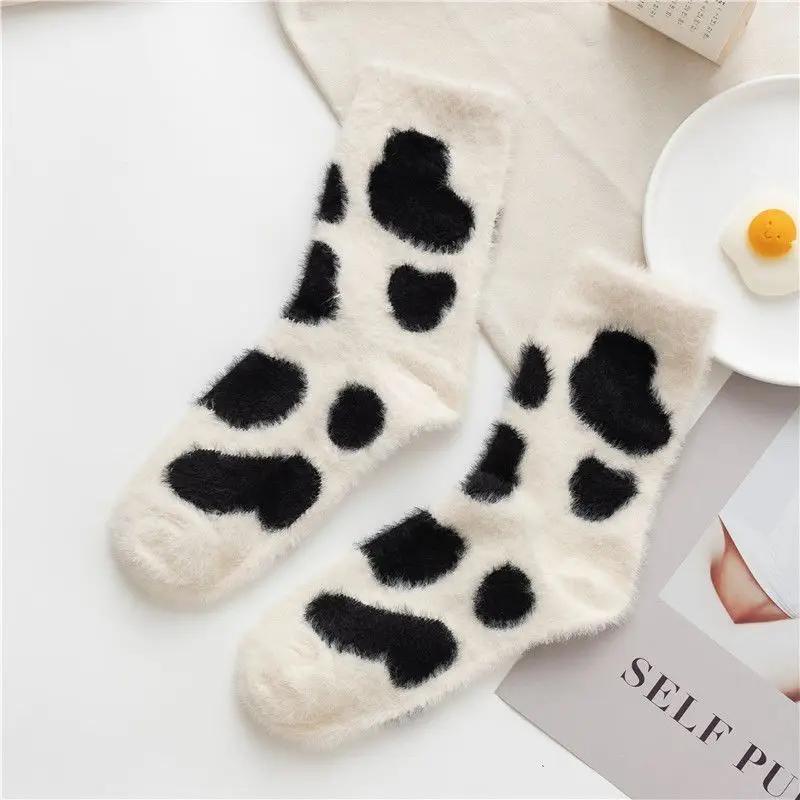 Cartoon Cute Cow Mink Velvet Socks Women Winter Soft Stocking Medium Tube Sock Cute Cloud Plush Cartoon Mink Plush Socks Indoor