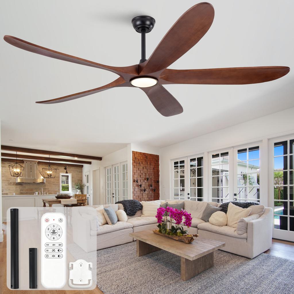 60-Inch Ceiling Fan with Light, Five Solid Wood Blades in Dark Walnut, 3CCT, dimmable, six speed settings, quiet air circulation for bedroom