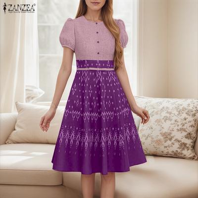 Женское летнее повседневное платье с круглым вырезом, принтом, пэчворком и коротким рукавом