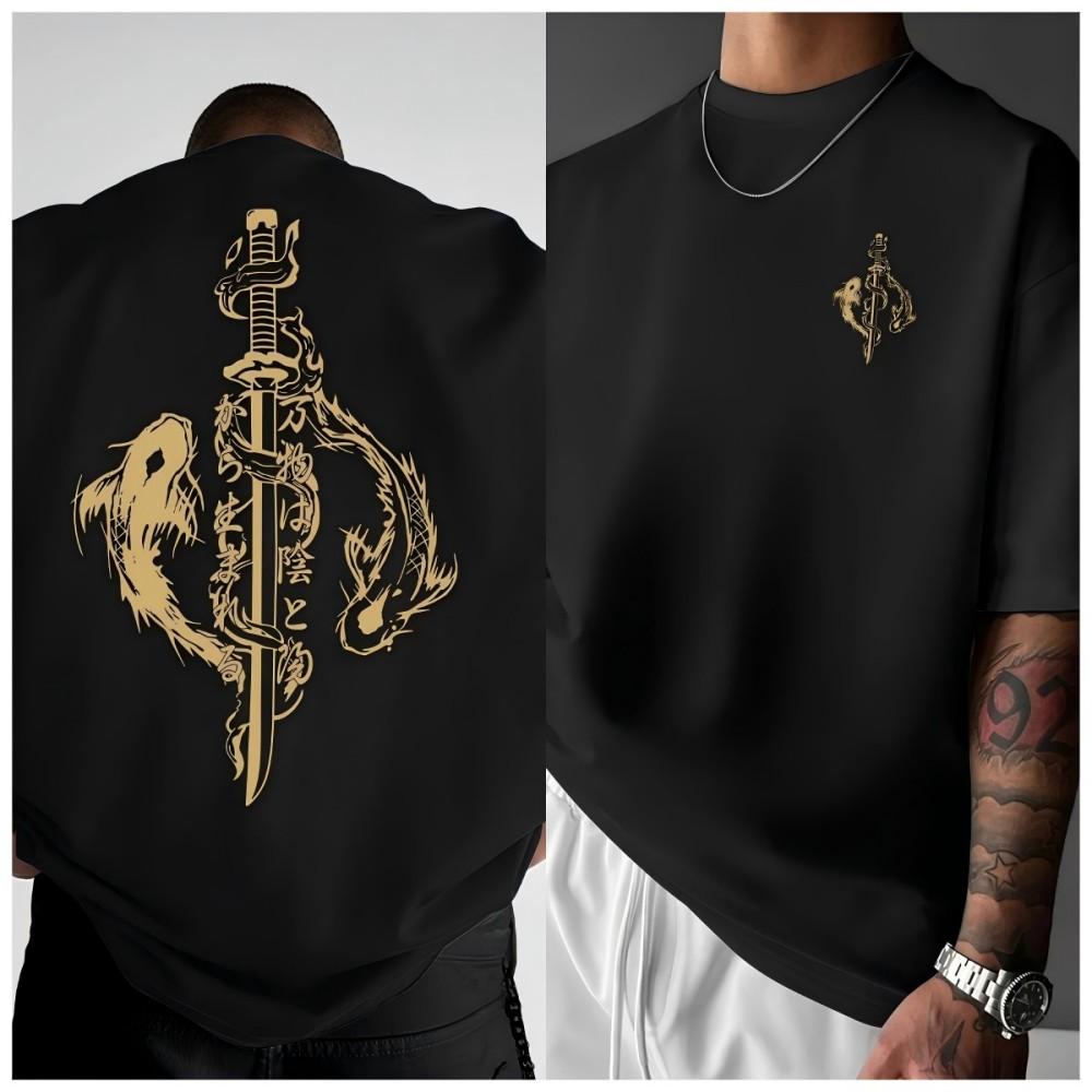 American style new Unisexs summer koi samurai sword letter print soft and breathable round neck Tshirt outdoor casual top
