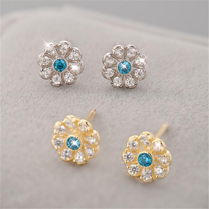 100% 925 Sterling Silver Blue Sparkling Zircon Flower Stud Earrings for Women Sterling Silver Jewelry Gift