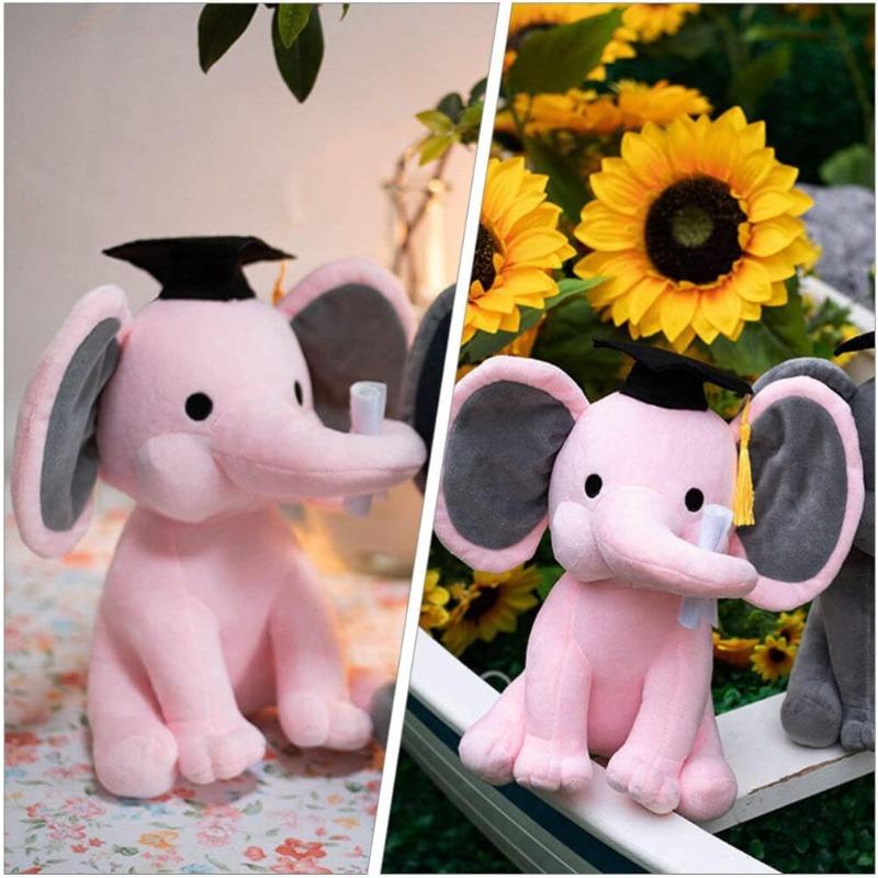 Graduation Stuffed Elephant Toys Plush Grad Animal Doll with Doctoral Hat and Diploma for 2024 High School College Graduation Party 25cm Pink