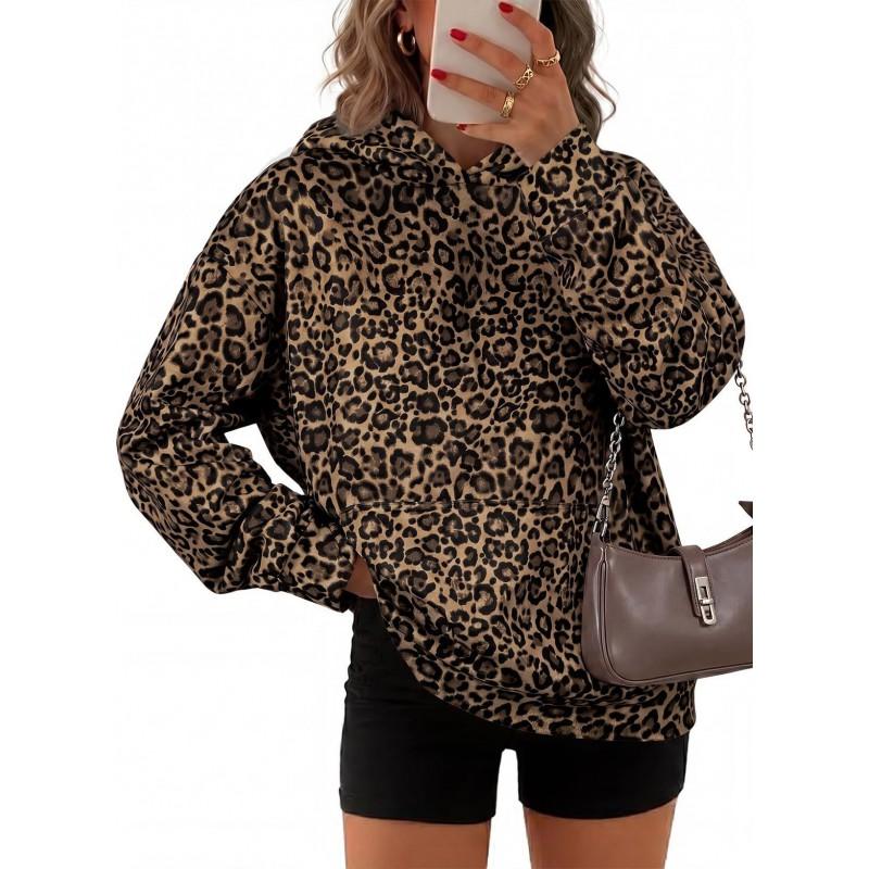 Womens Leopard Print Hooded Sweatshirt 2026 Winter Digital Streetwear Long Sleeve Oversized Top