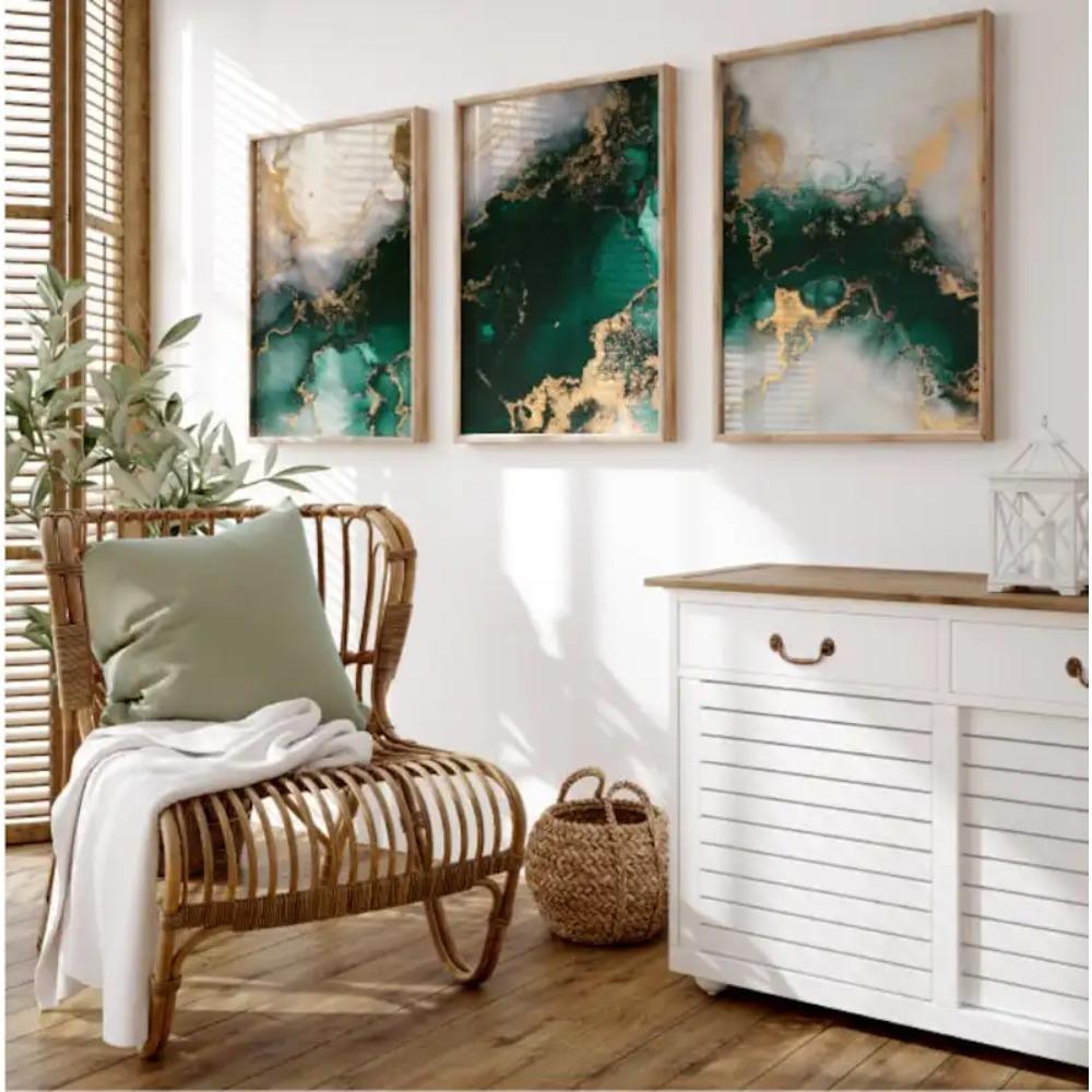 3pcs/set Green Gold Abstract Lines Geometric Canvas Print Minimalist Marble Wall Art Posters for Modern Living Room Home Decor