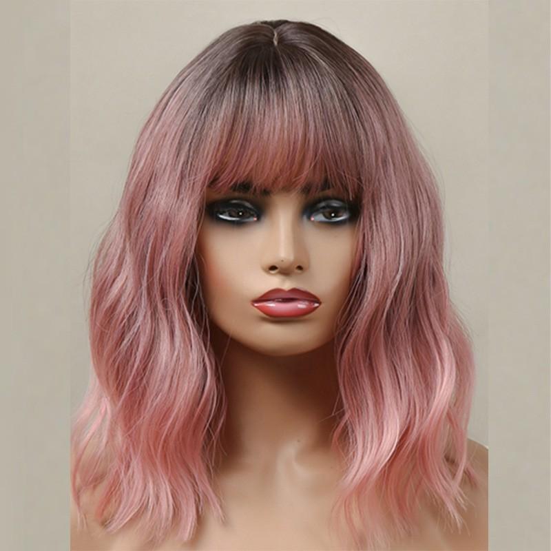 Womens Short Curly Wig With Straight Bangs Gradient Brown Heat-Resistant Synthetic Full Cap Daily Fashion Party