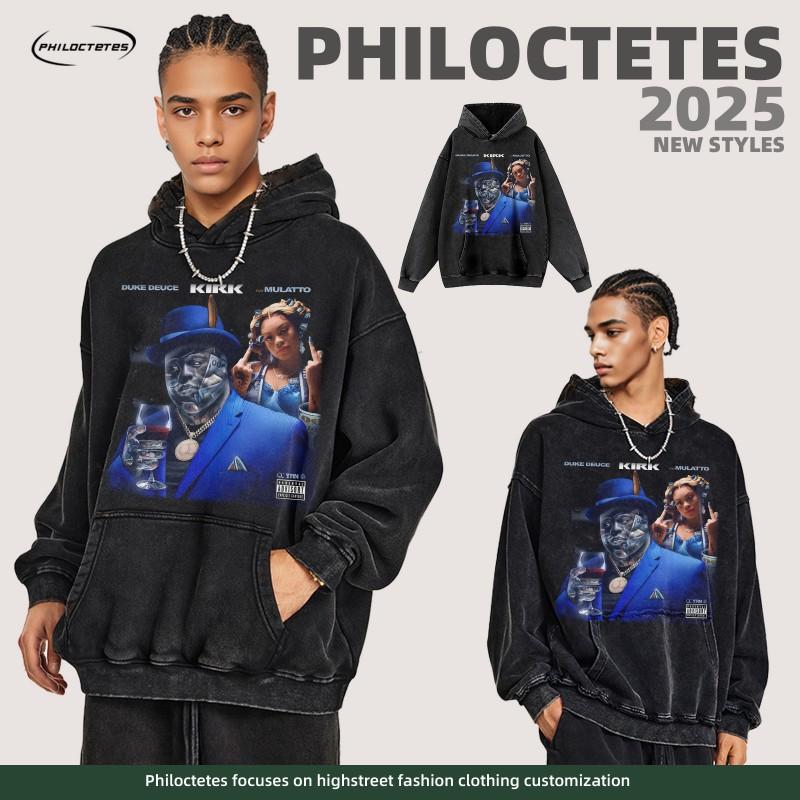 Unisex Oversized Washed Vintage Print Hoodie Streetwear Casual Long Sleeve Cotton Sweatshirt Men Women