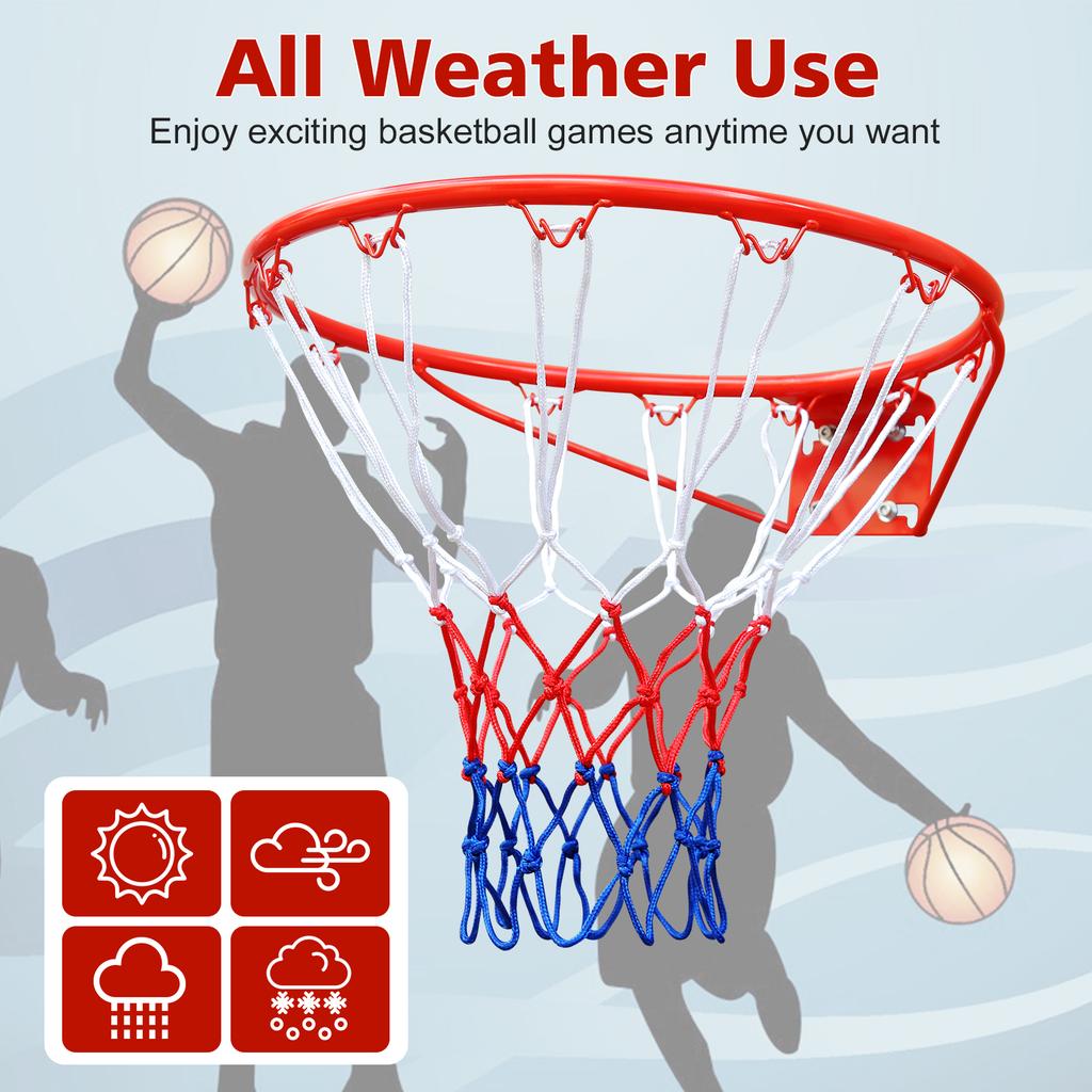 45.72cm Basketball Rim Replacement, Wall Door Mounted, Heavy Duty Flex Rim Goal with Net, Fits In-Ground & Wall-Mounted Hoops, Indoor/Outdoor (Red)