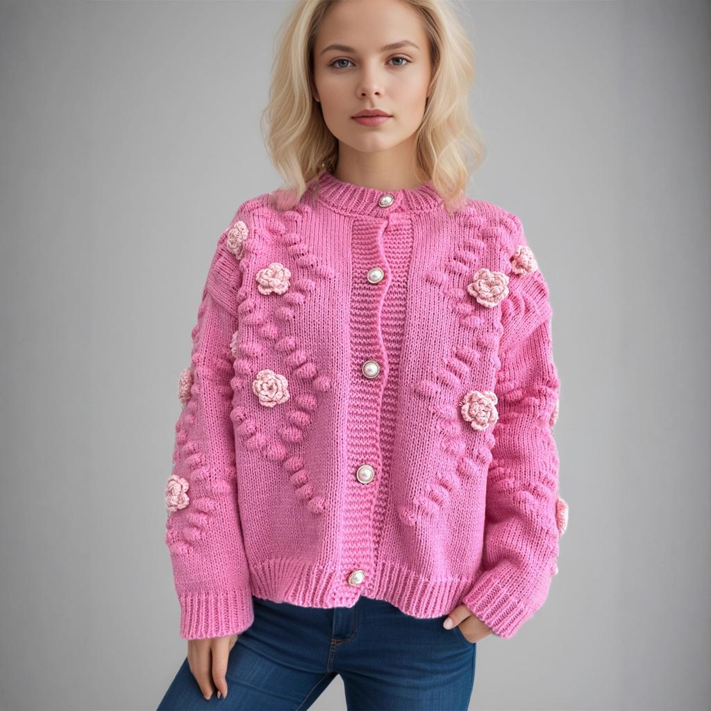 New Knitted Cardigan for Women Floral Pattern Elegant Button-Down Sweater