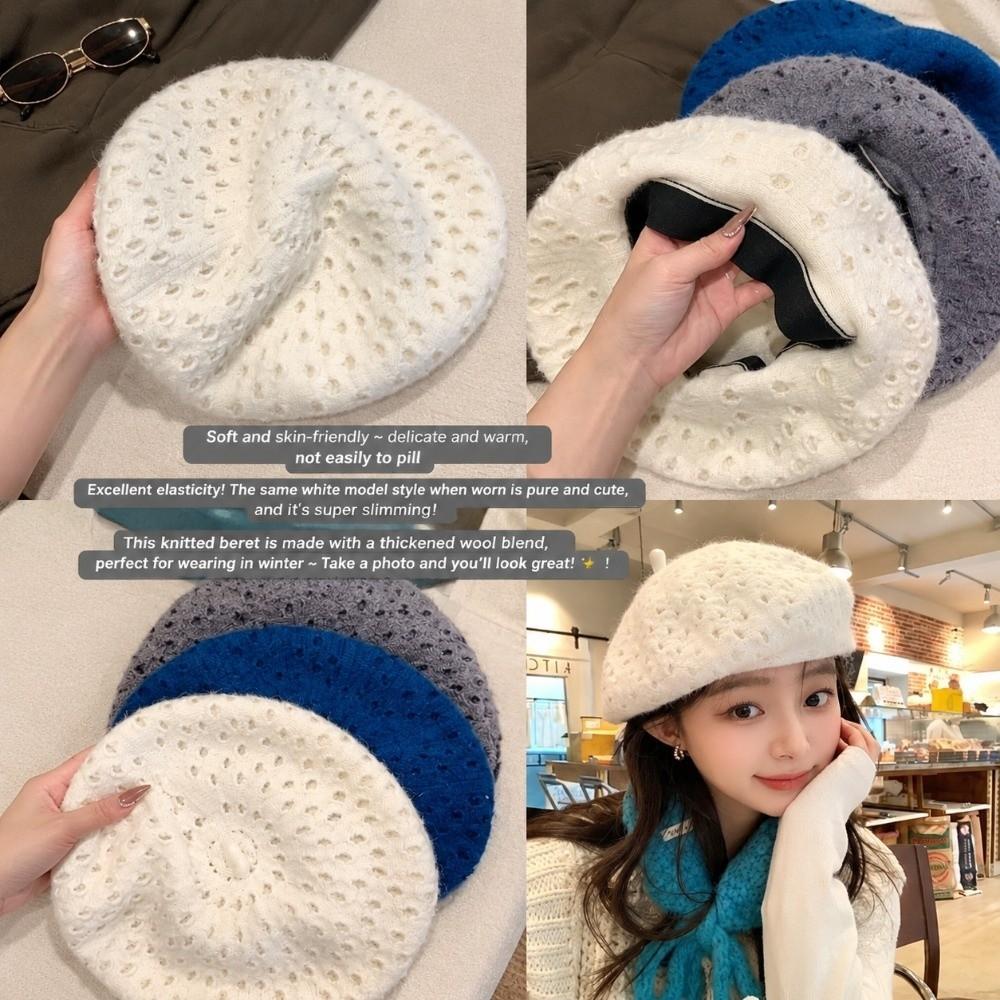 Solid Color Beret Hat Hollow Out Hollow Out Hat Stylish Double Layer Beret Autumn Winter
