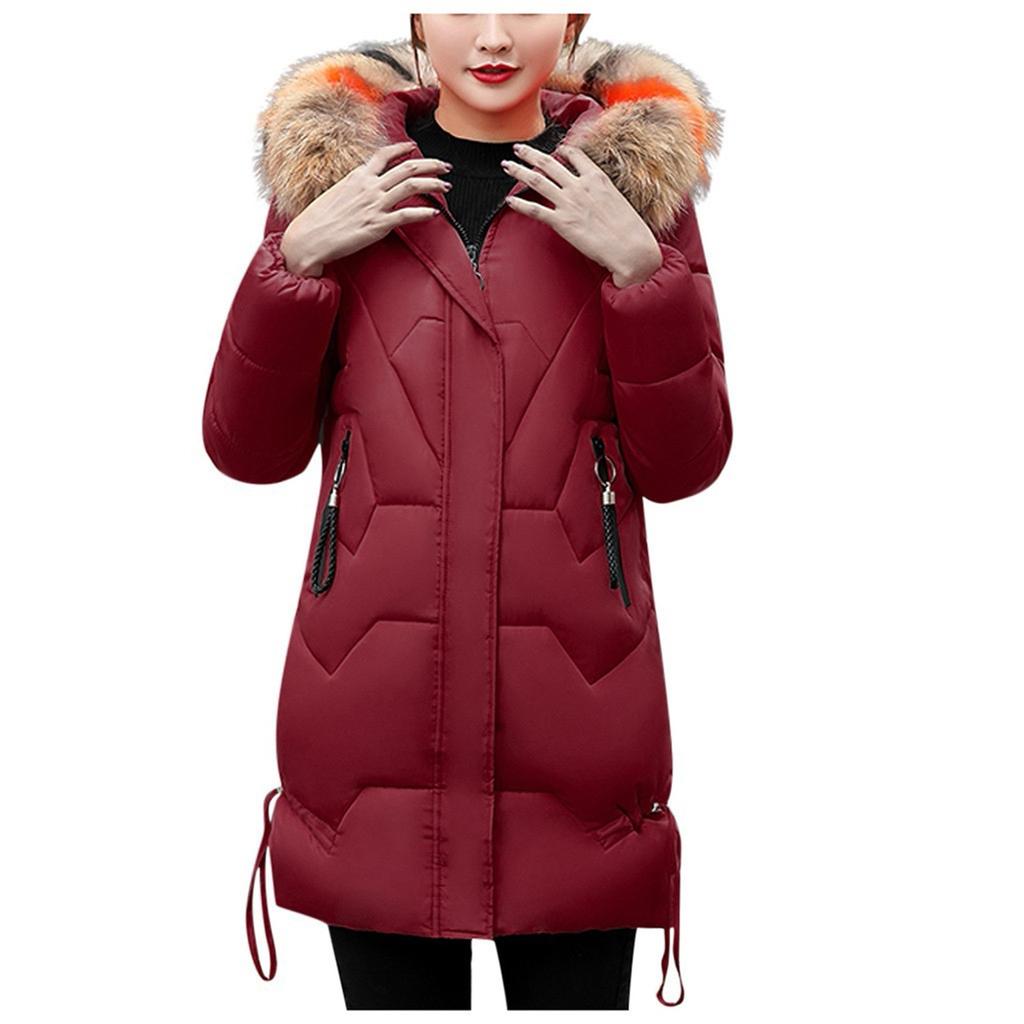 Женская мода с большим воротником для волос, тонкой талией, длинной пуховой хлопковой курткой, хлопковым пальто