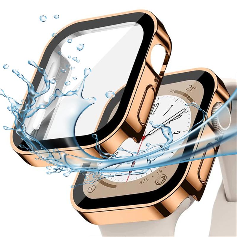 Стекло + чехол для Apple Watch Case 8 7 6 SE Защитная пленка для экрана Бампер с прямым краем IWatch Series 44 мм 40 мм 41 мм 45 мм 4 5 Водонепроницаемый чехол