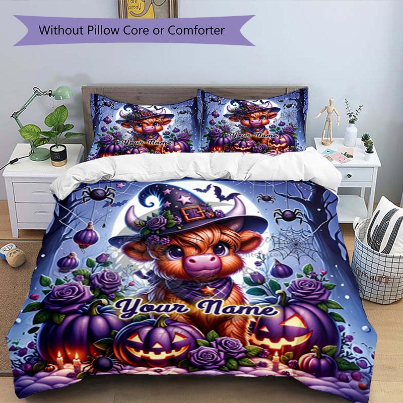 3PC Custom Name Halloween Pumpkin Cow Night Bedding Set Printed Bedding Set Duvet Cover Closure Includes 1 Duvet Cover & 2 Pillowcases for All Seasons