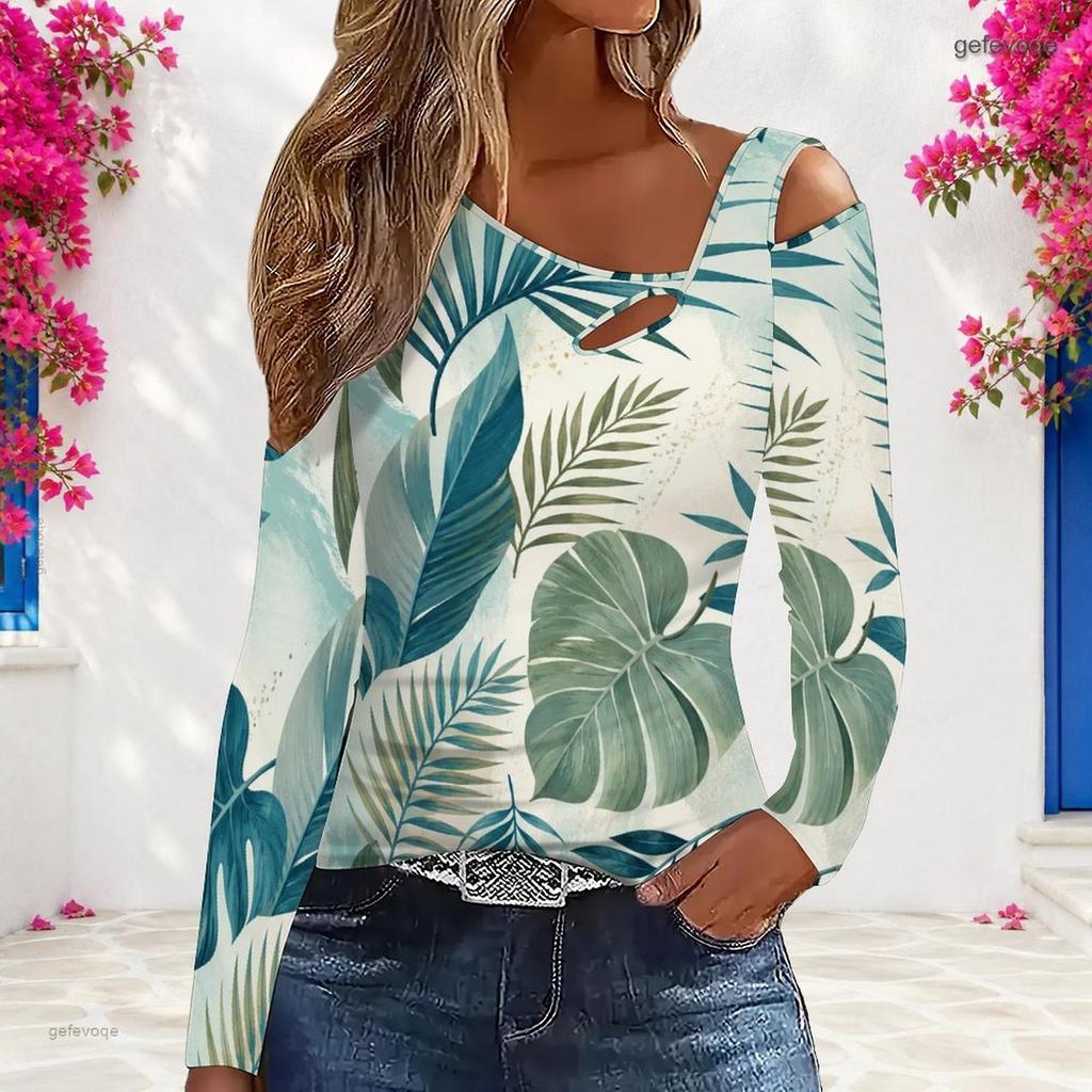 Women Plus Size Asymmetric Cutout Neck Cold Shoulder Long Sleeve Tropical Leaf Printed Fitted Blouse