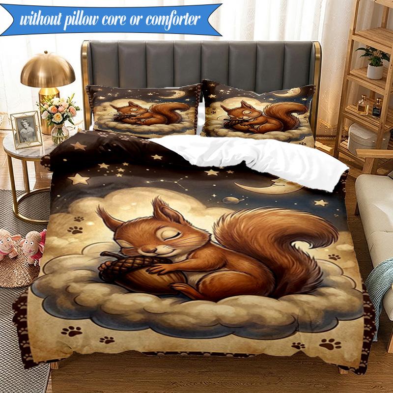 3PCS Squirrel Dreams Under Moonlight Bedding Set,Including 1pc Duvet Cover And 2pcs Pillowcases Perfect for Bedroom, Dormitory, Fan Christmas gift