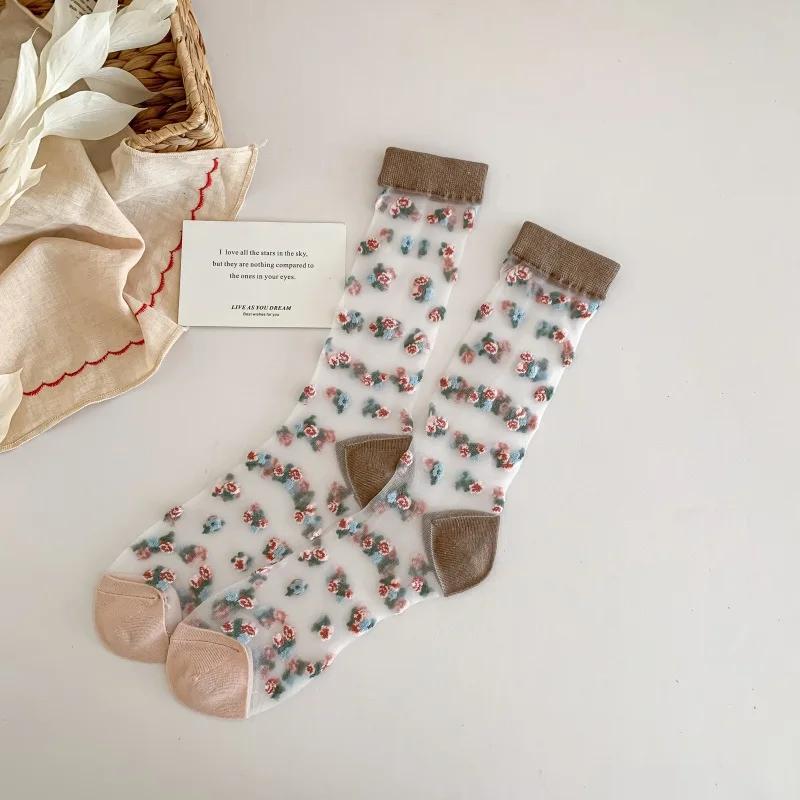 Summer Women Socks Ultra-thin Transparent Crystal Silk Socks Women Cartoon Print Japanese Kawaii Cute Funny Elastic Long Socks