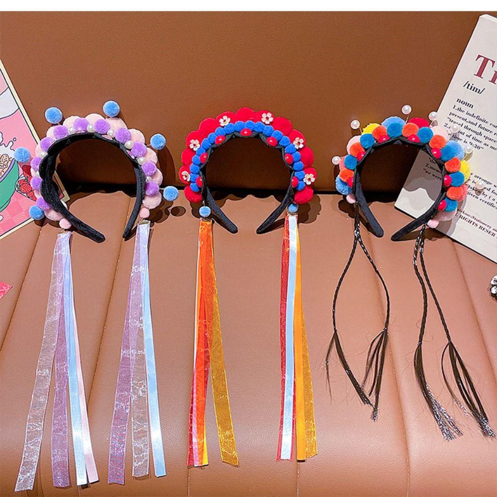 Жемчужная повязка на голову для Пекинской оперы с кисточкой, в древнем стиле, красная повязка для волос, подходящая ко всему, головной убор для ханьфу, детская