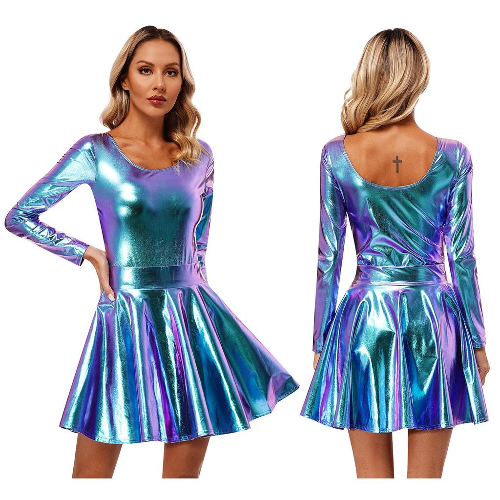 Женский гимнастический купальник с блестящим металлическим оттенком и плиссированные юбки, спортивная танцевальная одежда