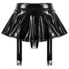 Womens Wet Look Patent Leather Ruffle Skirt Built-in Thongs Garter Belts Metal Clips Miniskirt Party Clubwear