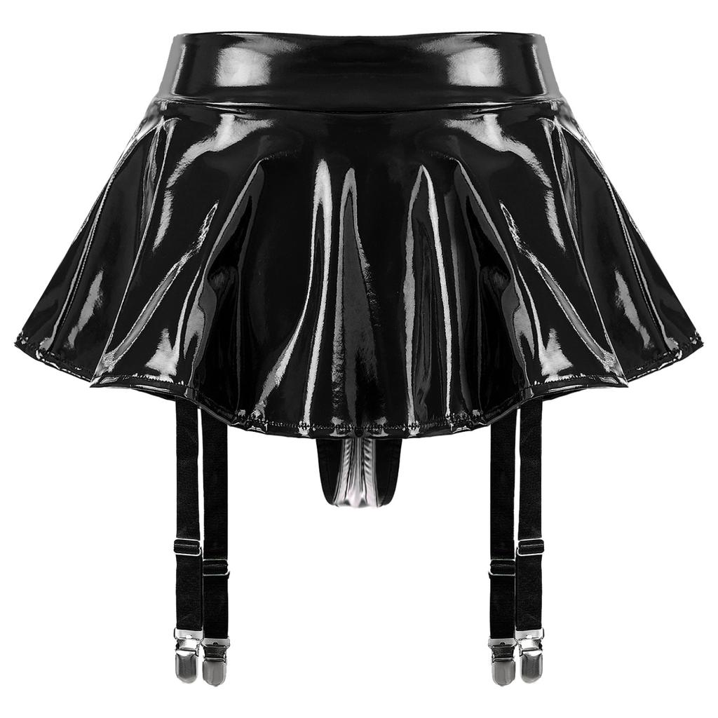 Womens Wet Look Patent Leather Ruffle Skirt Built-in Thongs Garter Belts Metal Clips Miniskirt Party Clubwear