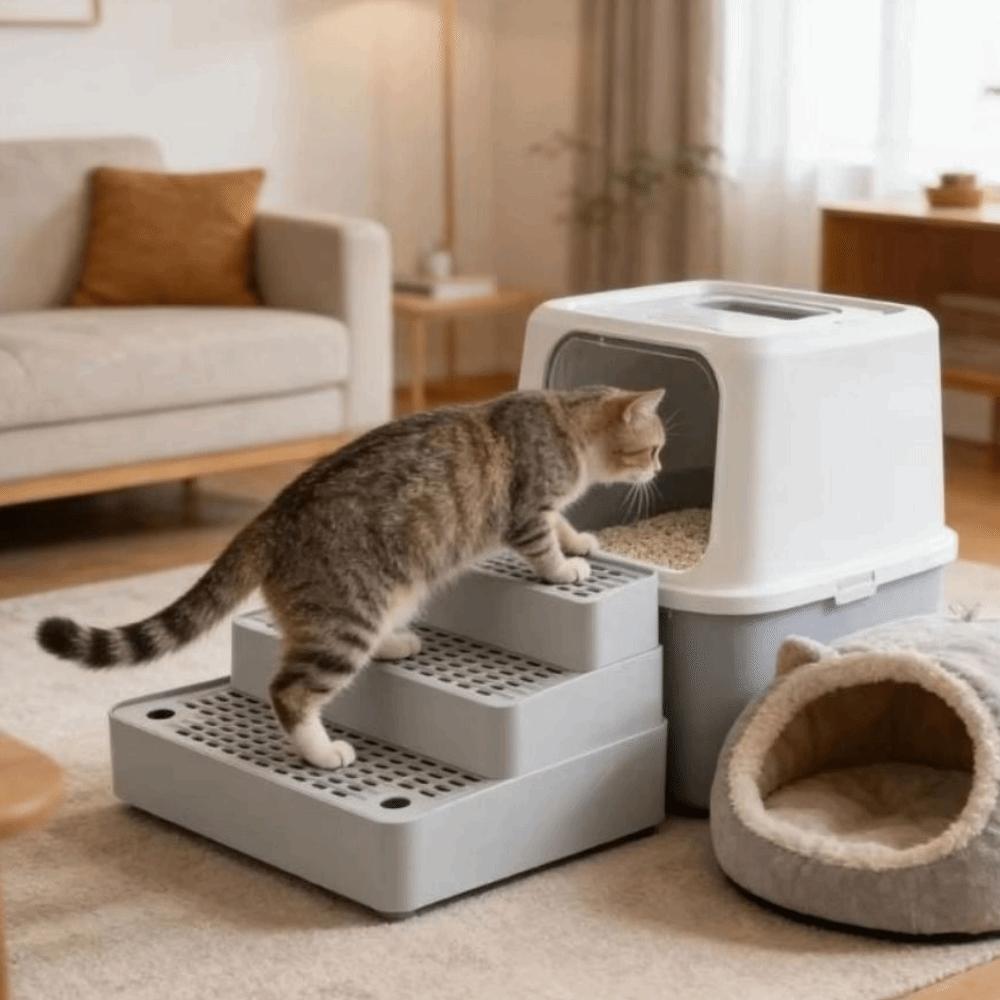 Plastic 3 Steps Cat Litter Box Ramp Detachable Cat Footboard Filter Cat Litter Stair Easy to Clean
